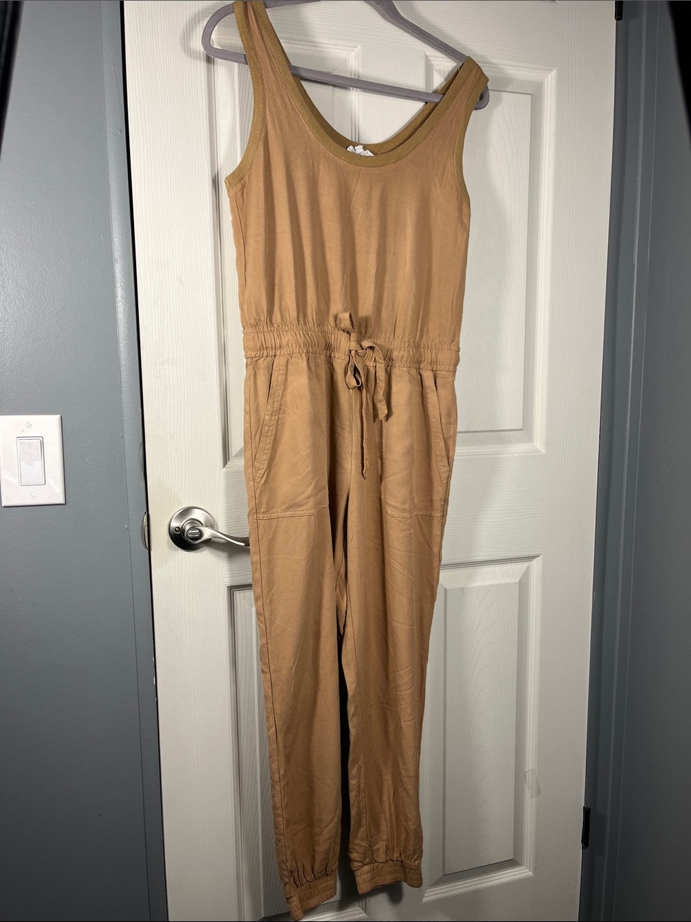 Sleeveless Drawstring Utility Jumpsuit in Tan